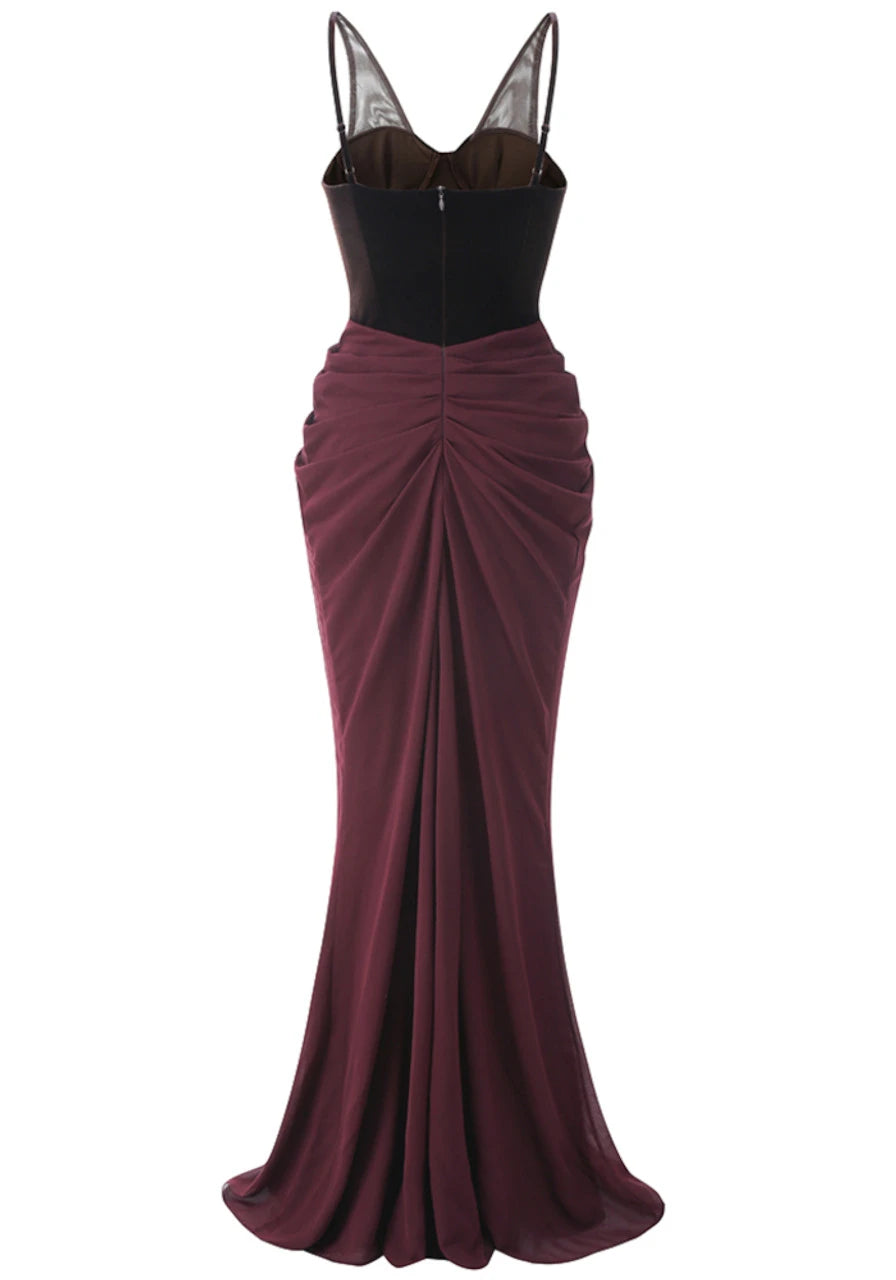 Vestido Weitese de terciopelo con bustier, vestido largo drapeado, marrón, sin mangas, tirantes regulares, vestido de fiesta de corte sirena/trompeta